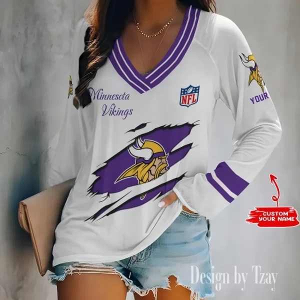Minnesota Vikings Women's Long sleeves T-shirt V-neck Trending 2025 BGVPS286