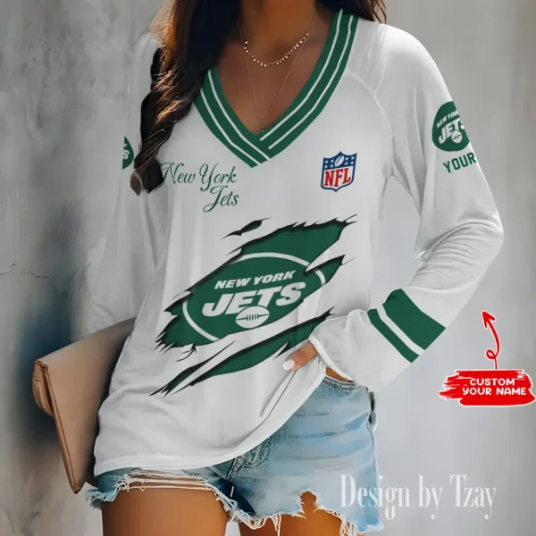 New York Jets Women's Long sleeves T-shirt V-neck Trending 2025 BGVPS290