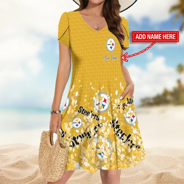 Pittsburgh Steelers A-Line with Pockets Mini Short Sleeve Dress
