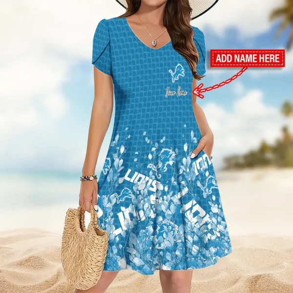 Detroit Lions A-Line with Pockets Mini Short Sleeve Dress