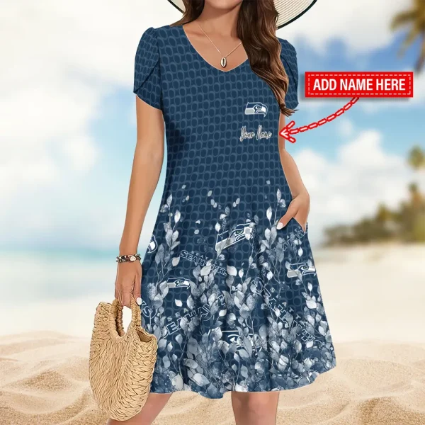 Seattle Seahawks A-Line with Pockets Mini Short Sleeve Dress