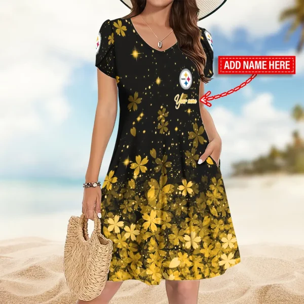 Pittsburgh Steelers A-Line with Pockets Mini Short Sleeve Dress