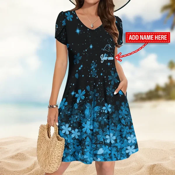 Carolina Panthers A-Line with Pockets Mini Short Sleeve Dress