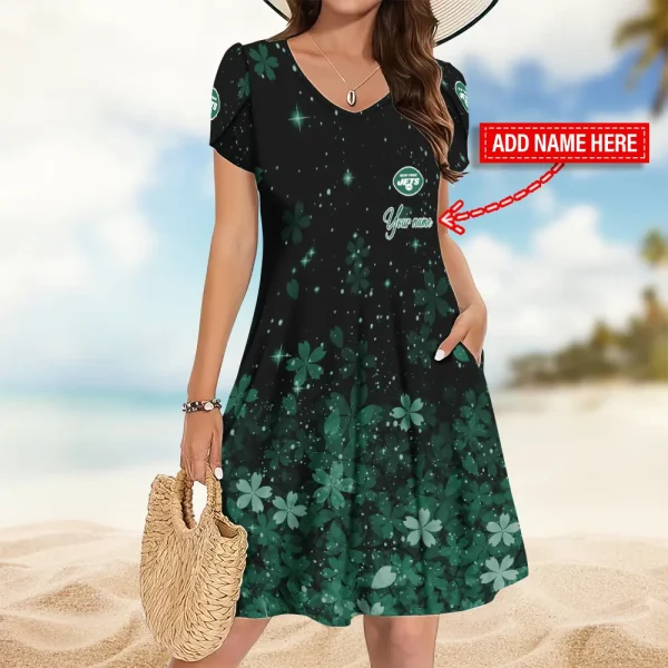 New York Jets A-Line with Pockets Mini Short Sleeve Dress
