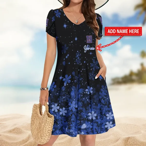 New York Giants A-Line with Pockets Mini Short Sleeve Dress