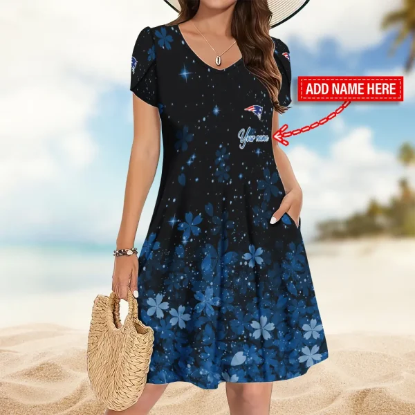 New England Patriots A-Line with Pockets Mini Short Sleeve Dress