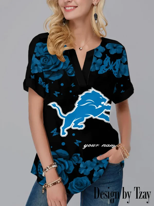 Detroit Lions Women's Short Sleeve Shirts Henley Dressy Casual Summer Tops 2025 Trendy AZSSV299