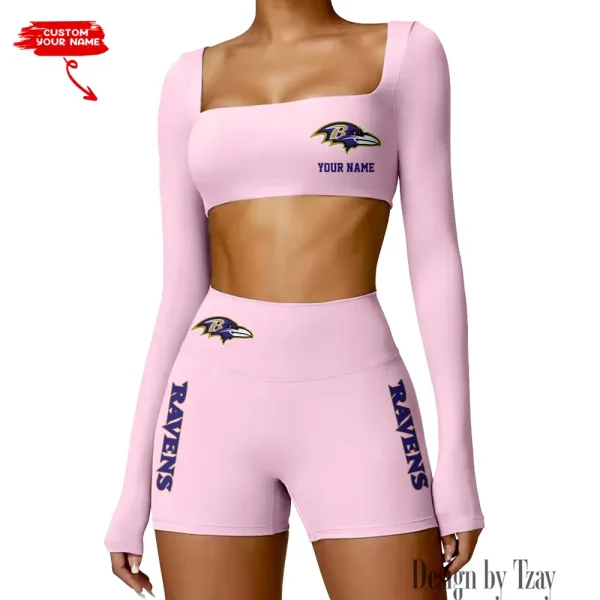 Baltimore Ravens Women's Active Wear Set Long Sleeves Crop Top And High Waist Shorts SPTWAWS003 - Image 2