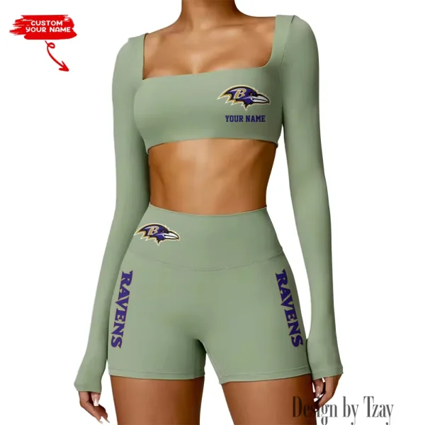 Baltimore Ravens Women's Active Wear Set Long Sleeves Crop Top And High Waist Shorts SPTWAWS003 - Image 3