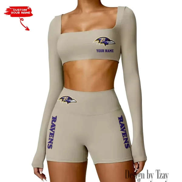 Baltimore Ravens Women's Active Wear Set Long Sleeves Crop Top And High Waist Shorts SPTWAWS003