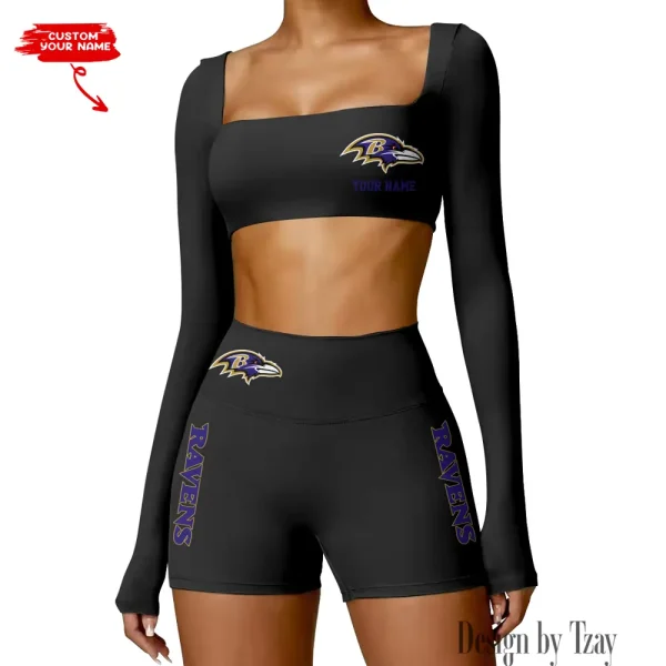 Baltimore Ravens Women's Active Wear Set Long Sleeves Crop Top And High Waist Shorts SPTWAWS003 - Image 4