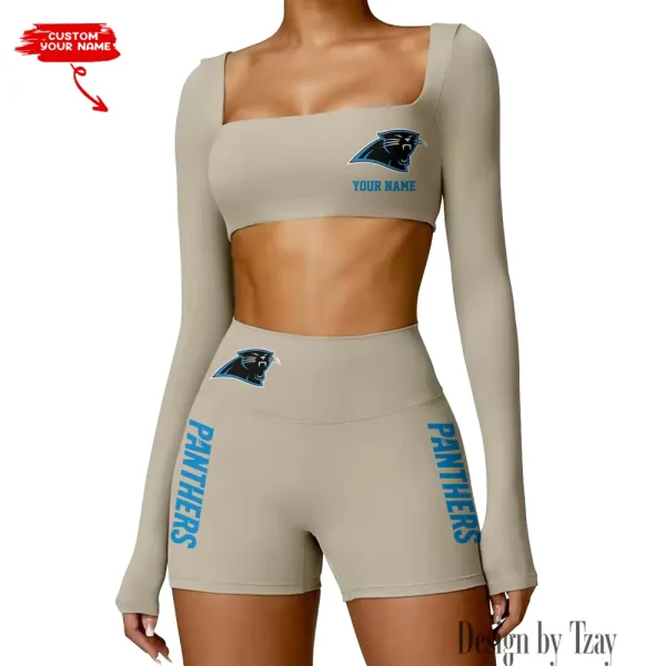 Carolina Panthers Women's Active Wear Set Long Sleeves Crop Top And High Waist Shorts SPTWAWS005 - Image 2