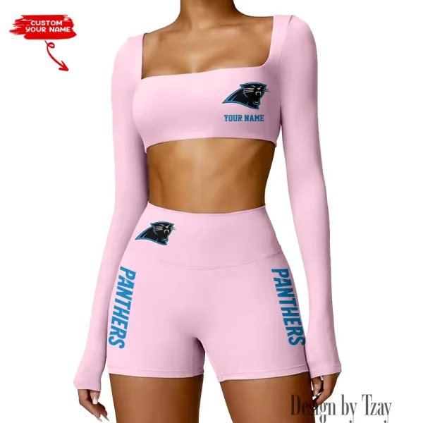 Carolina Panthers Women's Active Wear Set Long Sleeves Crop Top And High Waist Shorts SPTWAWS005 - Image 3