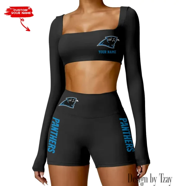 Carolina Panthers Women's Active Wear Set Long Sleeves Crop Top And High Waist Shorts SPTWAWS005 - Image 4