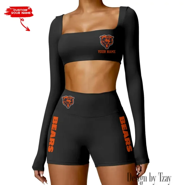 Chicago Bears Women's Active Wear Set Long Sleeves Crop Top And High Waist Shorts SPTWAWS006