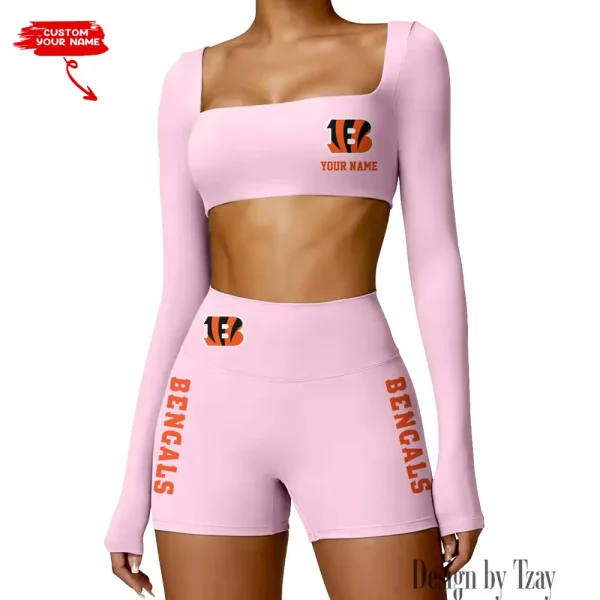 Cincinnati Bengals Women's Active Wear Set Long Sleeves Crop Top And High Waist Shorts SPTWAWS007