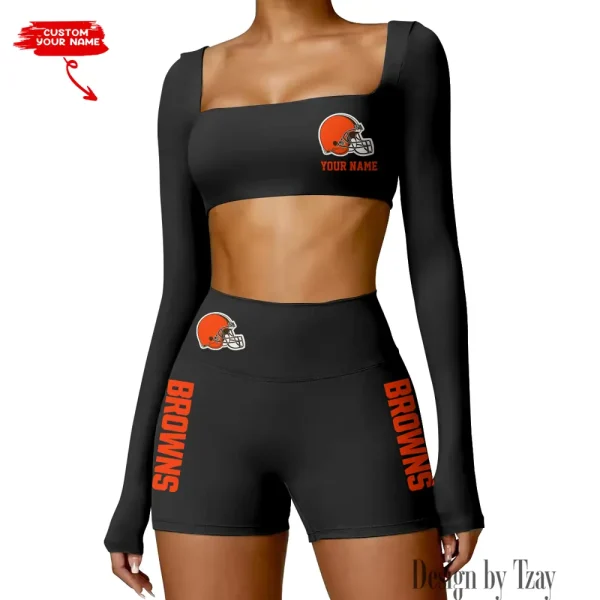 Cleveland Browns Women's Active Wear Set Long Sleeves Crop Top And High Waist Shorts SPTWAWS008 - Image 2