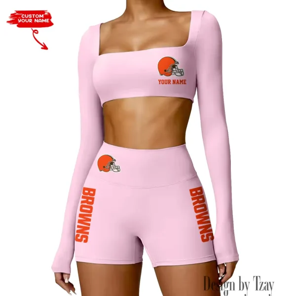 Cleveland Browns Women's Active Wear Set Long Sleeves Crop Top And High Waist Shorts SPTWAWS008