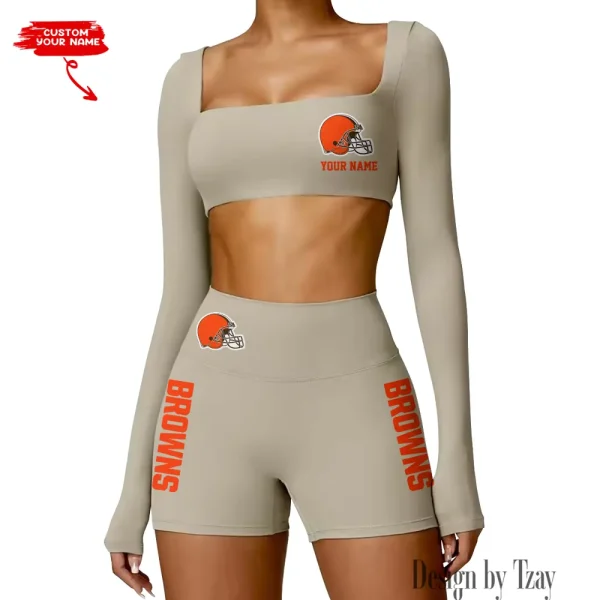 Cleveland Browns Women's Active Wear Set Long Sleeves Crop Top And High Waist Shorts SPTWAWS008 - Image 3