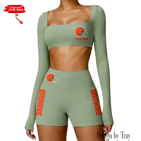 Cleveland Browns Women's Active Wear Set Long Sleeves Crop Top And High Waist Shorts SPTWAWS008 - Image 4