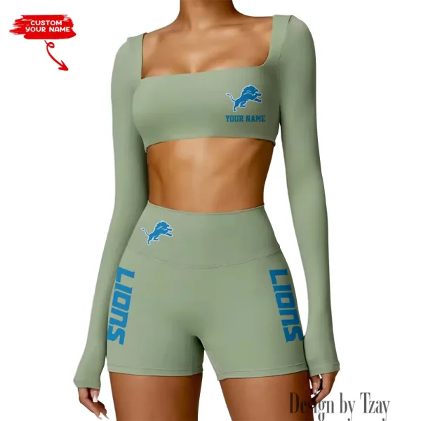 Detroit Lions Women's Active Wear Set Long Sleeves Crop Top And High Waist Shorts SPTWAWS011 - Image 2