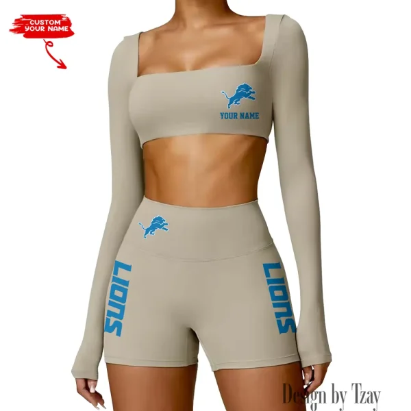 Detroit Lions Women's Active Wear Set Long Sleeves Crop Top And High Waist Shorts SPTWAWS011