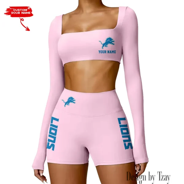 Detroit Lions Women's Active Wear Set Long Sleeves Crop Top And High Waist Shorts SPTWAWS011 - Image 3