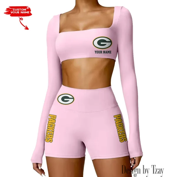 Green Bay Packers Women's Active Wear Set Long Sleeves Crop Top And High Waist Shorts SPTWAWS012 - Image 2