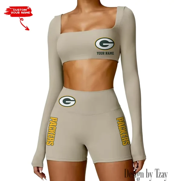 Green Bay Packers Women's Active Wear Set Long Sleeves Crop Top And High Waist Shorts SPTWAWS012 - Image 3