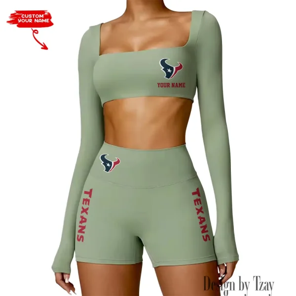 Houston Texans Women's Active Wear Set Long Sleeves Crop Top And High Waist Shorts SPTWAWS013 - Image 2