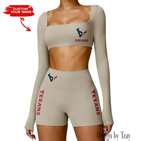 Houston Texans Women's Active Wear Set Long Sleeves Crop Top And High Waist Shorts SPTWAWS013 - Image 3
