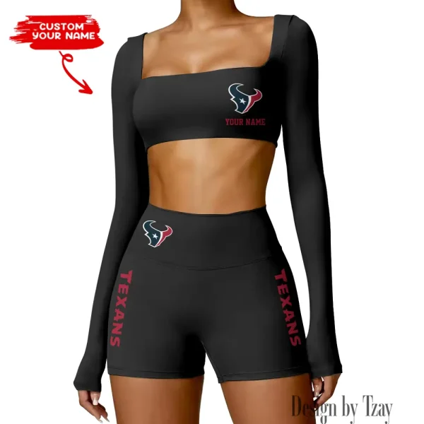 Houston Texans Women's Active Wear Set Long Sleeves Crop Top And High Waist Shorts SPTWAWS013 - Image 4