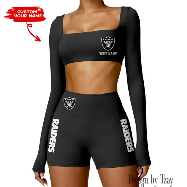 Las Vegas Raiders Women's Active Wear Set Long Sleeves Crop Top And High Waist Shorts SPTWAWS017 - Image 2