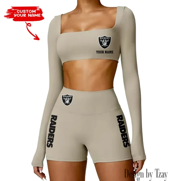 Las Vegas Raiders Women's Active Wear Set Long Sleeves Crop Top And High Waist Shorts SPTWAWS017 - Image 4