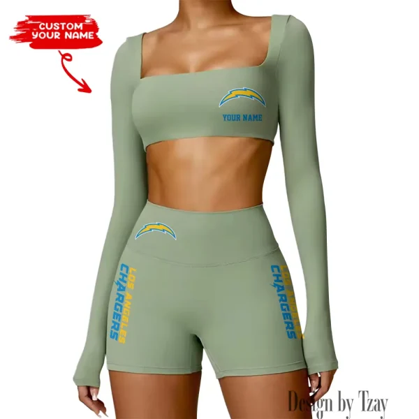 Los Angeles Chargers Women's Active Wear Set Long Sleeves Crop Top And High Waist Shorts SPTWAWS018 - Image 3
