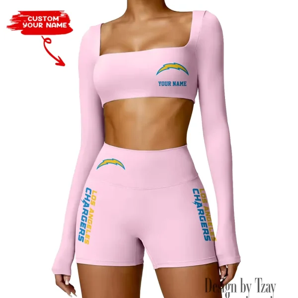 Los Angeles Chargers Women's Active Wear Set Long Sleeves Crop Top And High Waist Shorts SPTWAWS018 - Image 4