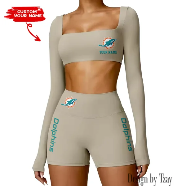 Miami Dolphins Women's Active Wear Set Long Sleeves Crop Top And High Waist Shorts SPTWAWS020 - Image 2