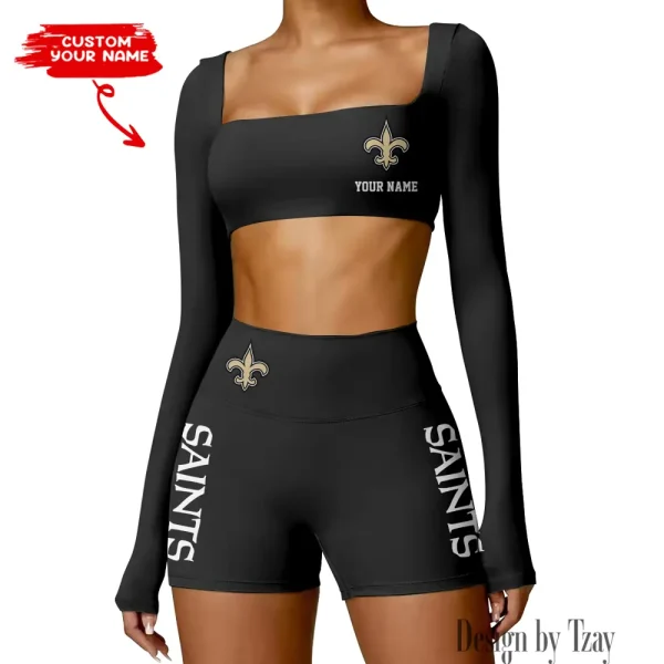 New Orleans Saints Women's Active Wear Set Long Sleeves Crop Top And High Waist Shorts SPTWAWS023 - Image 3