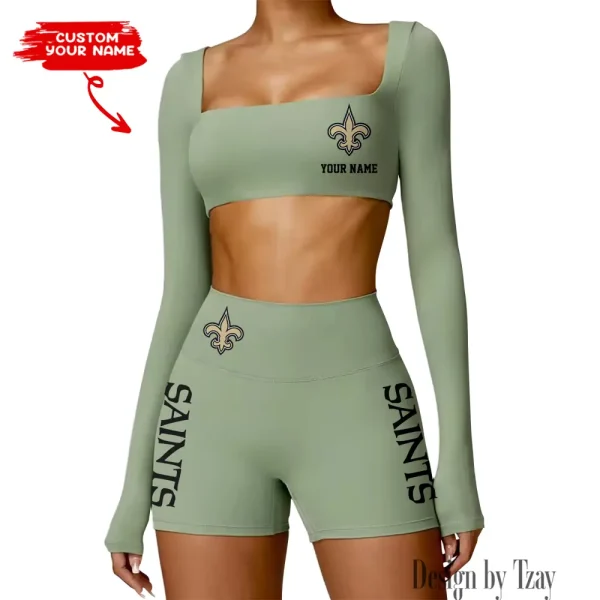 New Orleans Saints Women's Active Wear Set Long Sleeves Crop Top And High Waist Shorts SPTWAWS023 - Image 4