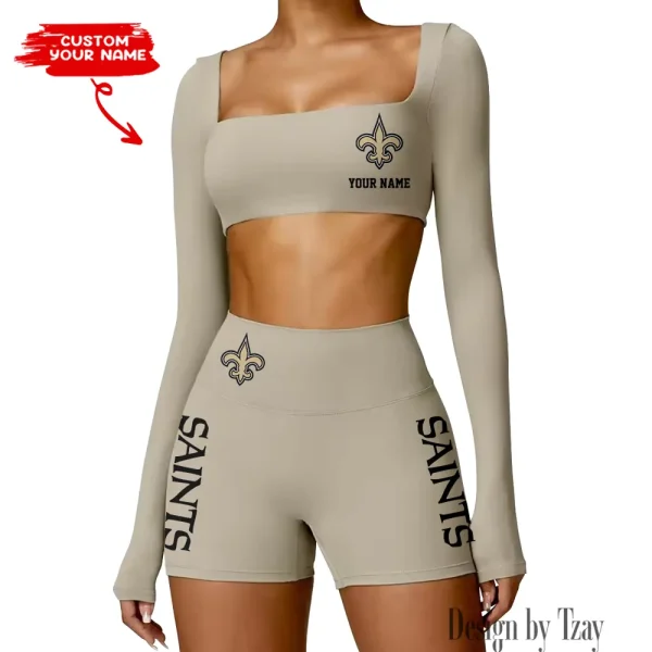 New Orleans Saints Women's Active Wear Set Long Sleeves Crop Top And High Waist Shorts SPTWAWS023