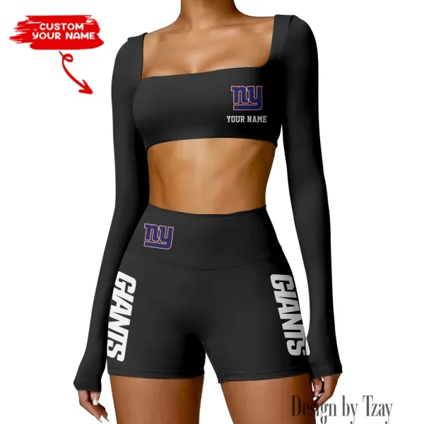 New York Giants Women's Active Wear Set Long Sleeves Crop Top And High Waist Shorts SPTWAWS024 - Image 2