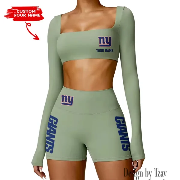 New York Giants Women's Active Wear Set Long Sleeves Crop Top And High Waist Shorts SPTWAWS024