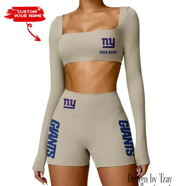New York Giants Women's Active Wear Set Long Sleeves Crop Top And High Waist Shorts SPTWAWS024 - Image 3