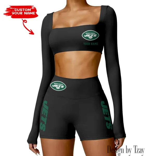 New York Jets Women's Active Wear Set Long Sleeves Crop Top And High Waist Shorts SPTWAWS025