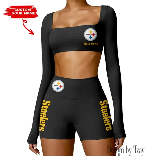 Pittsburgh Steelers Women's Active Wear Set Long Sleeves Crop Top And High Waist Shorts SPTWAWS027 - Image 2