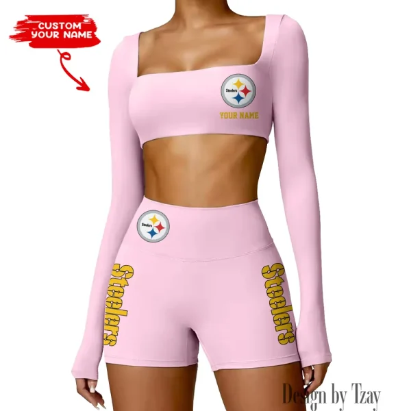 Pittsburgh Steelers Women's Active Wear Set Long Sleeves Crop Top And High Waist Shorts SPTWAWS027