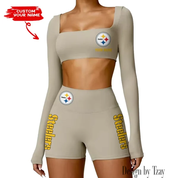 Pittsburgh Steelers Women's Active Wear Set Long Sleeves Crop Top And High Waist Shorts SPTWAWS027 - Image 3