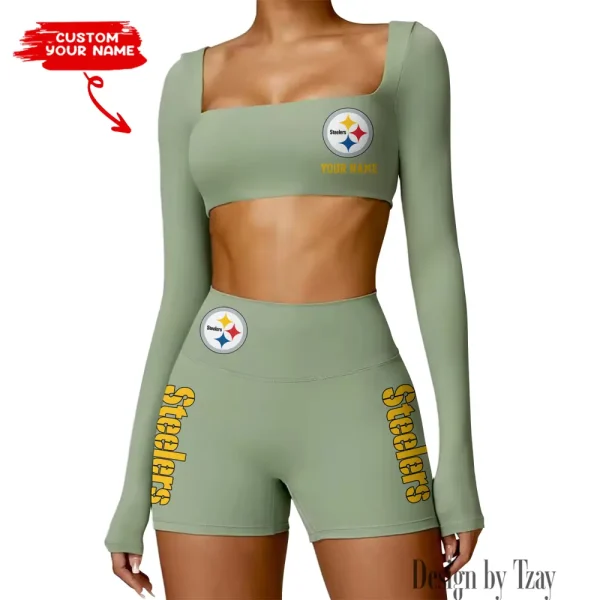Pittsburgh Steelers Women's Active Wear Set Long Sleeves Crop Top And High Waist Shorts SPTWAWS027 - Image 4