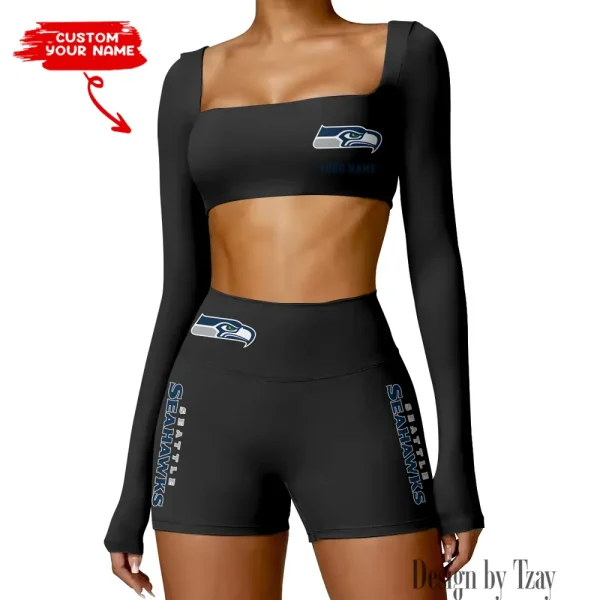 Seattle Seahawks Women's Active Wear Set Long Sleeves Crop Top And High Waist Shorts SPTWAWS029 - Image 2