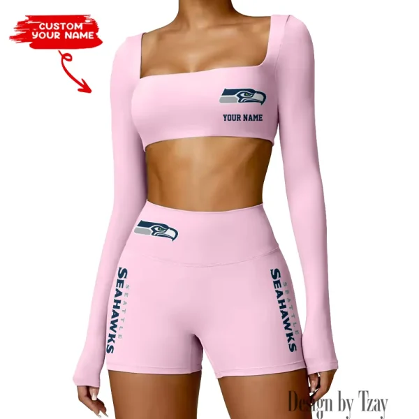Seattle Seahawks Women's Active Wear Set Long Sleeves Crop Top And High Waist Shorts SPTWAWS029 - Image 3